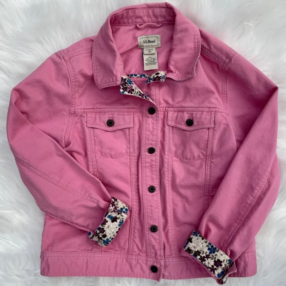⬇️⭐️ L.L. Bean Women's Pink Jean Jacket with Floral Accents Size Medium